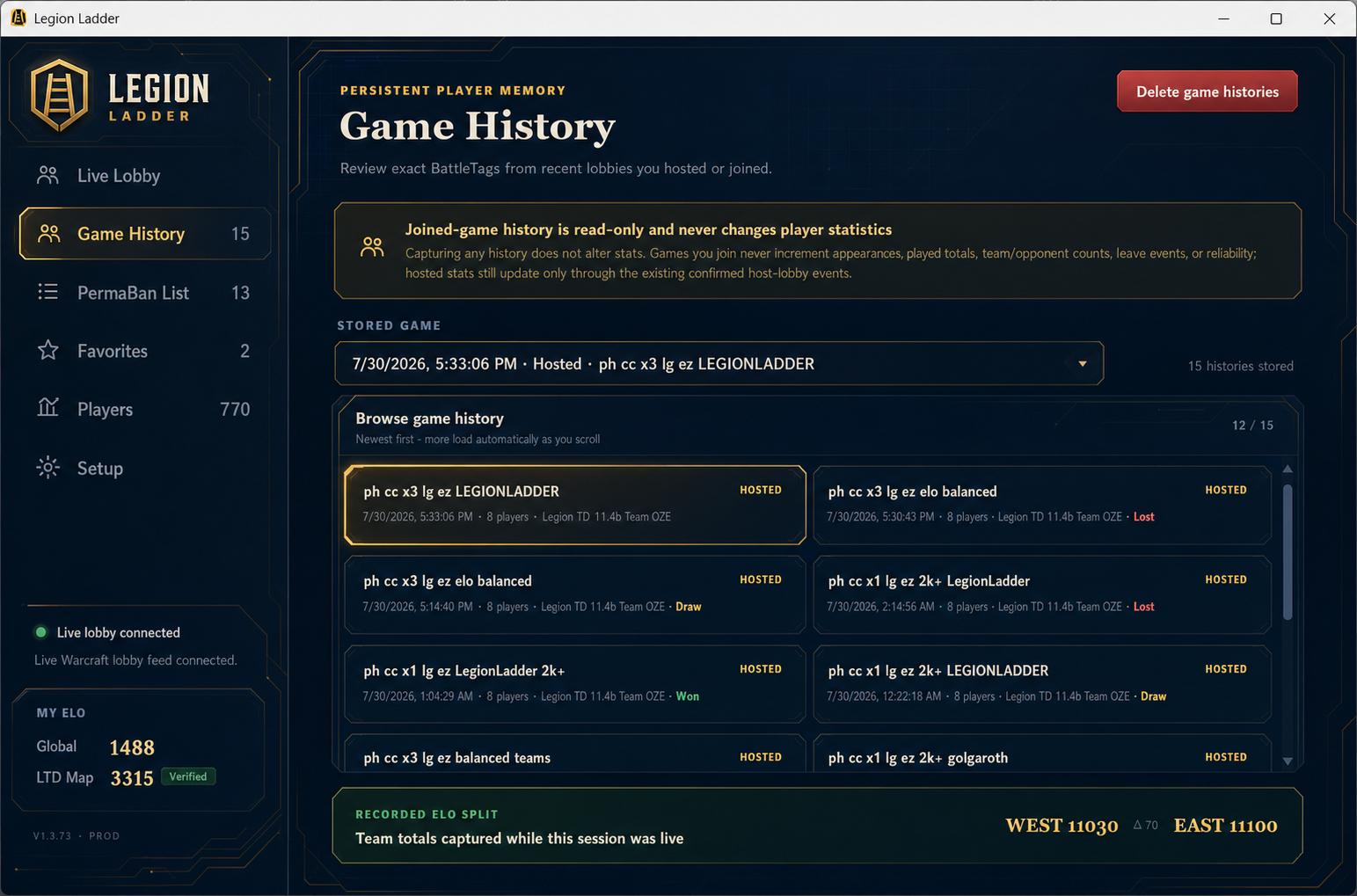 Legion Ladder desktop app Game History screen showing stored Warcraft III lobbies, match results, player totals, and team ELO totals.