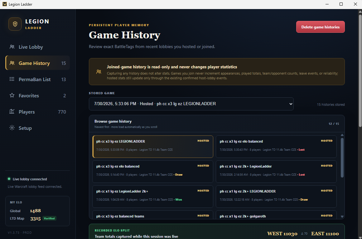 Legion Ladder desktop app Game History screen showing stored Warcraft III lobbies, match results, player totals, and team ELO totals.